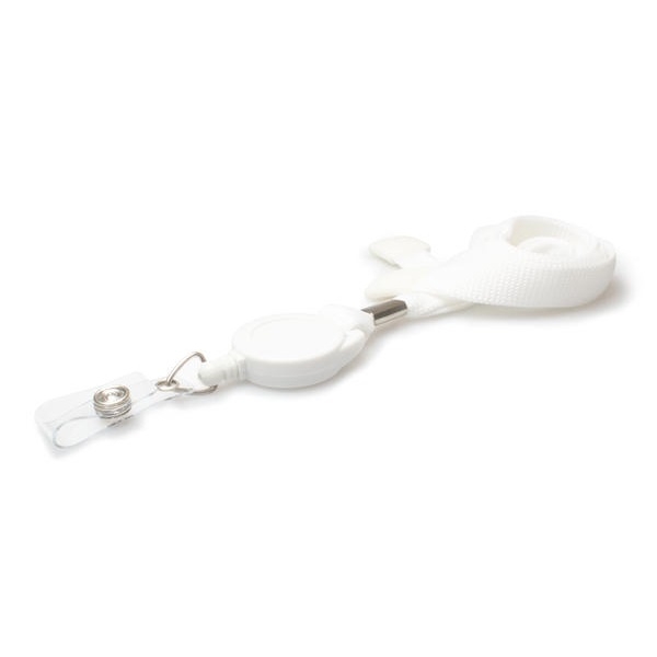 Bild von White 16 mm tubular breakaway lanyards with attached yoyo card reel and clear vinyl strap. 60270642 (DE,SE,NO,FI,RO,PL)
