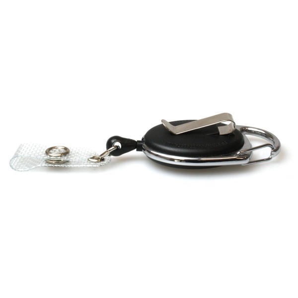 Picture of Black carabiner ID badge reel with belt clip and strap. 60270190