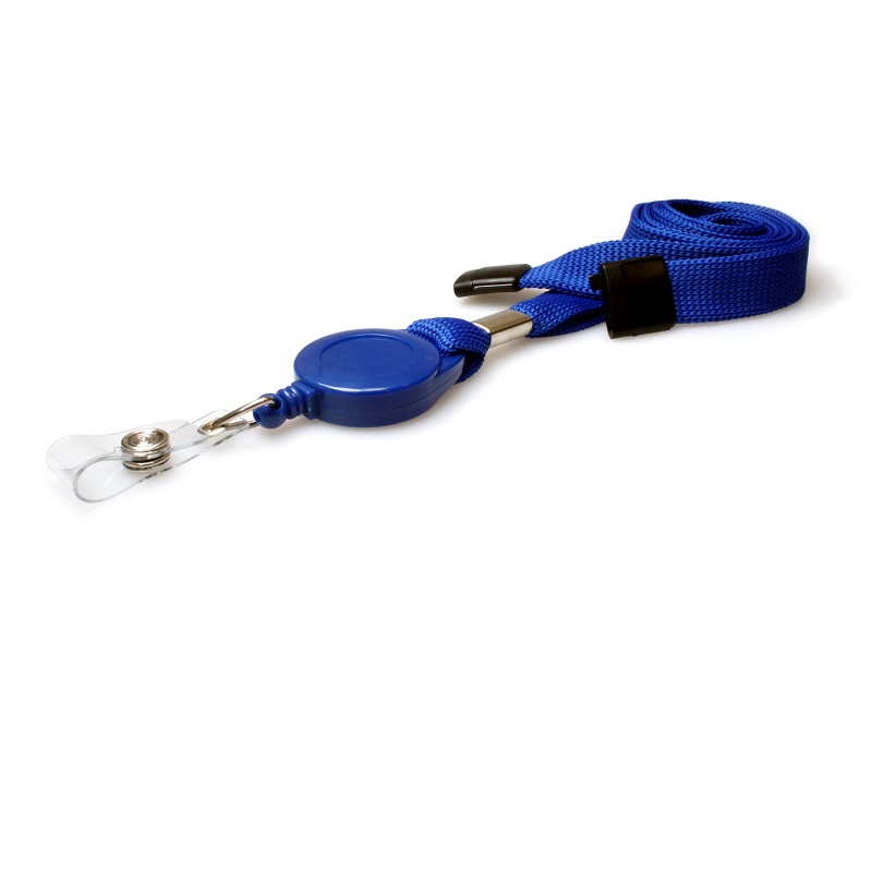 Bild von Blue 16 mm flat tubular breakaway lanyards with attached yoyo card reel and clear vinyl strap. 60270638 (DE,SE,NO,FI,RO,PL)