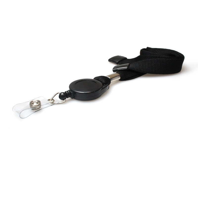 Bild von Black 16 mm flat tubular breakaway lanyards with attached yoyo card reel and clear vinyl strap. 60270631 (DE,SE,NO,FI,RO,PL)