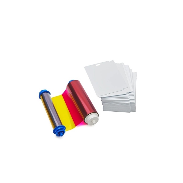 Bild von Zebra ZC10L color ribbon/dye film (YMC0) and cards with 1 slot / oval hole. Zebra 106000-10L1 - 400 prints and 400 cards. ZEB-106000-10L1 (DE,SE,NO,FI,RO,PL)